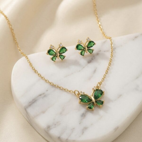 Set aretes + Collar en Rodio Dorado con Verde SJC01-02