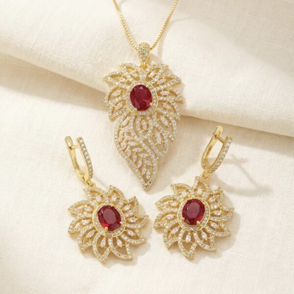 Set aretes + Collar en Rodio Dorado con Rojo ZSJC01-06