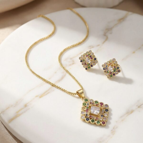 Set aretes + Collar en Rodio Dorado con Rosado, Azul, Verde y Morado ZSJC01-14