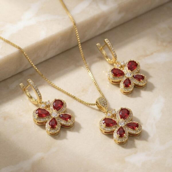 Set aretes + Collar en Rodio Dorado con Rojo ZSJC01-15