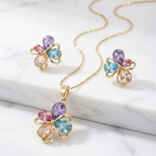 Set aretes + Collar en Rodio Dorado con Azul, Morado y Rosado ZSJC01-39