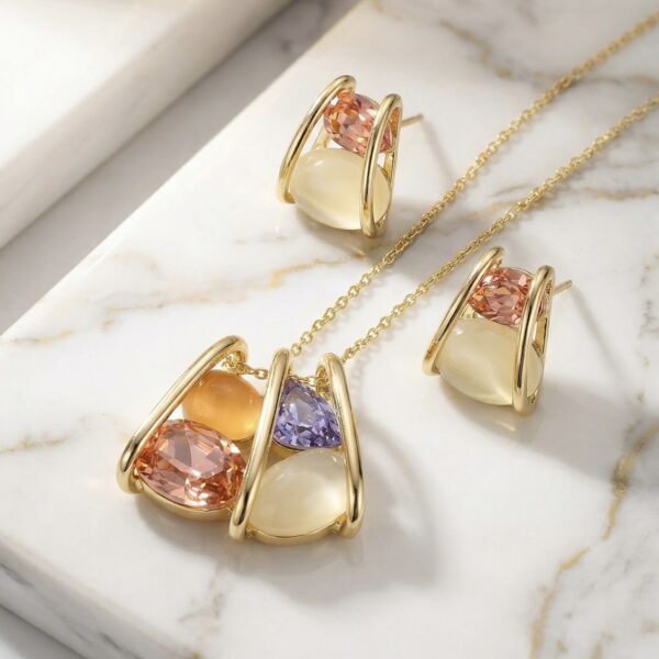 Set aretes + Collar en Rodio Dorado con Naranja, Morado y Rosado ZSJC01-40