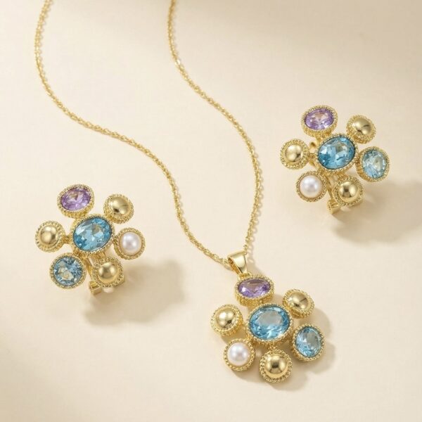 Set aretes + Collar en Rodio Dorado con Morado y Azul ZSJC01-42