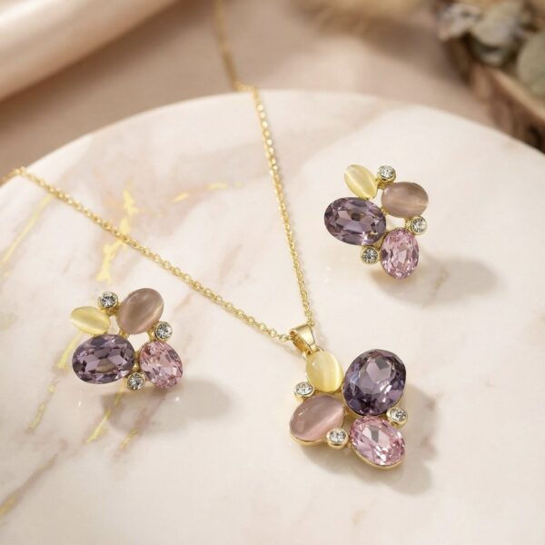 Set aretes + Collar en Rodio Dorado con Amarillo, Morado y Rosado ZSJC01-43