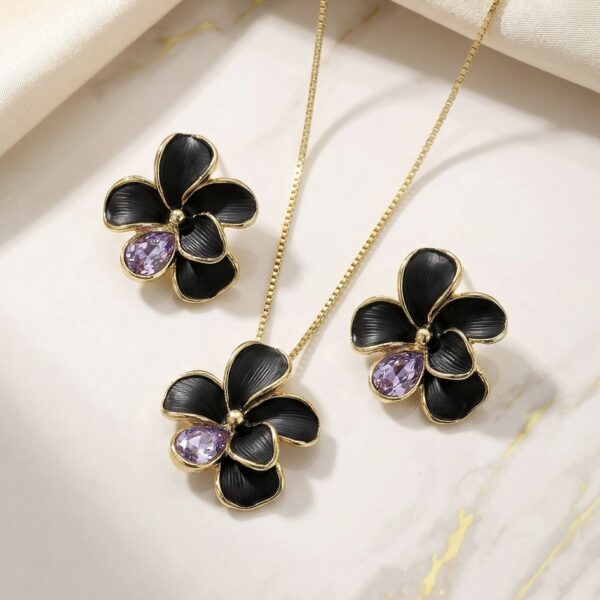 Set aretes + Collar en Rodio Dorado con Negro y Morado ZSJC01-45