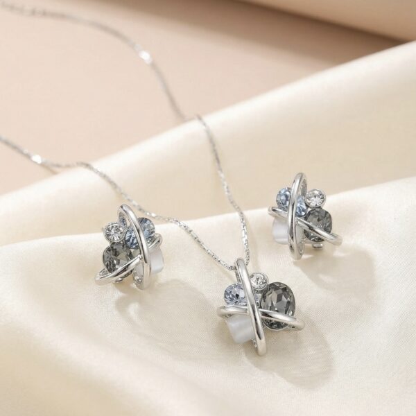 Set aretes + Collar en Rodio Plateado con Azul y Blanco ZSJC02-02