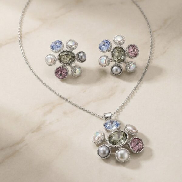 Set aretes + Collar en Rodio Plateado con Azul, Blanco y Rosado ZSJC02-03