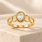 Anillo Destello en oro laminado con piedra ovalada central y aro calado