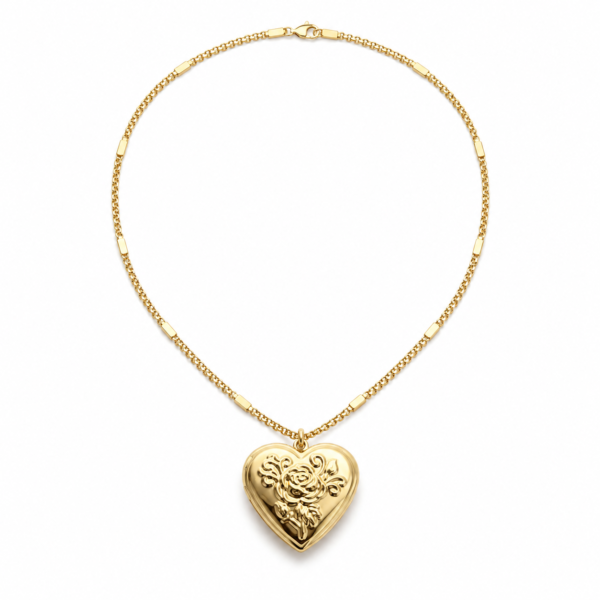 Relicario dorado de corazón con rosa en relieve para regalo personalizado de Amor y Amistad